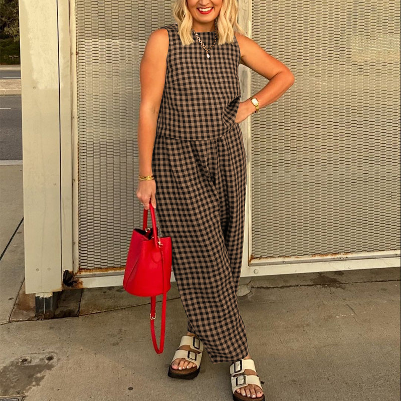 Women's Plaid Sleeveless Top & Wide Leg Pants Set