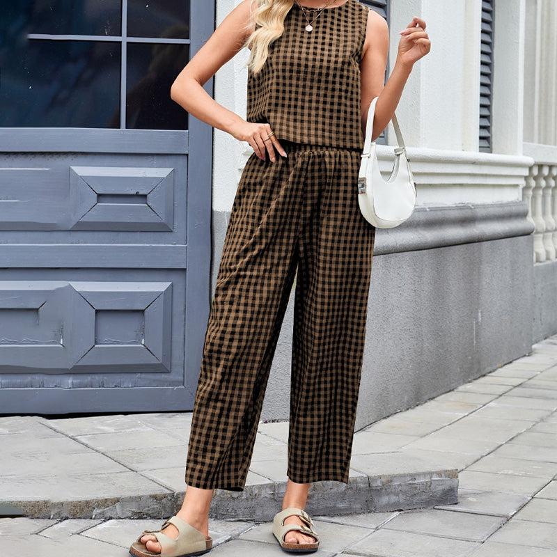 Women's Plaid Sleeveless Top & Wide Leg Pants Set