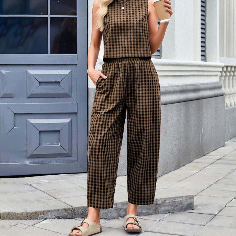 Women's Plaid Sleeveless Top & Wide Leg Pants Set