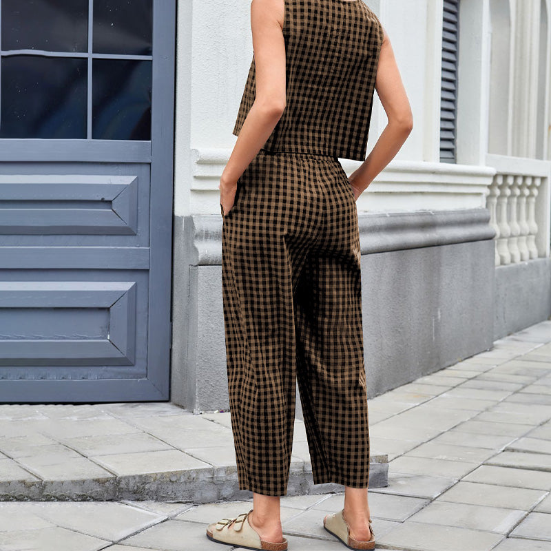 Women's Plaid Sleeveless Top & Wide Leg Pants Set