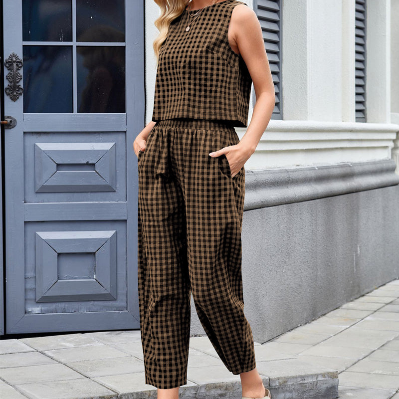 Women's Plaid Sleeveless Top & Wide Leg Pants Set