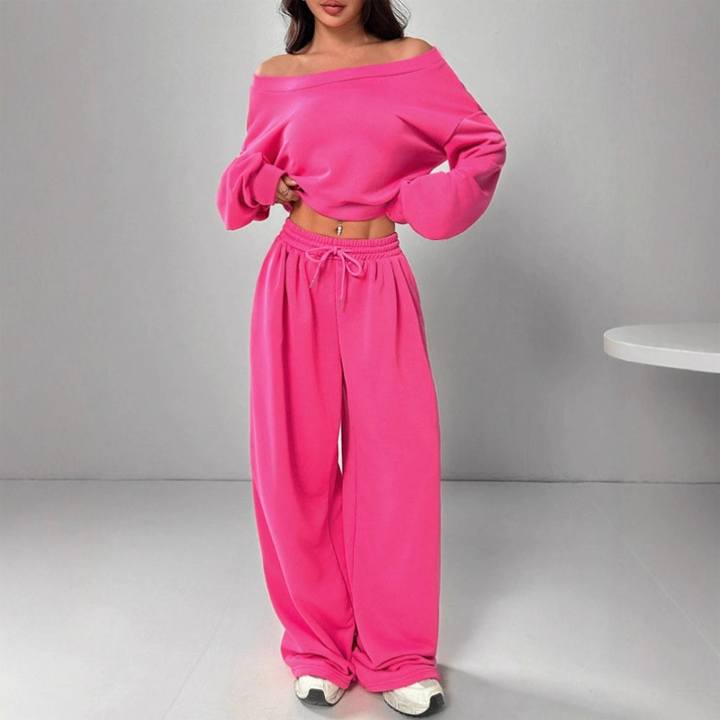 Women's Off-Shoulder Sweatshirt & Wide-Leg Pants Set