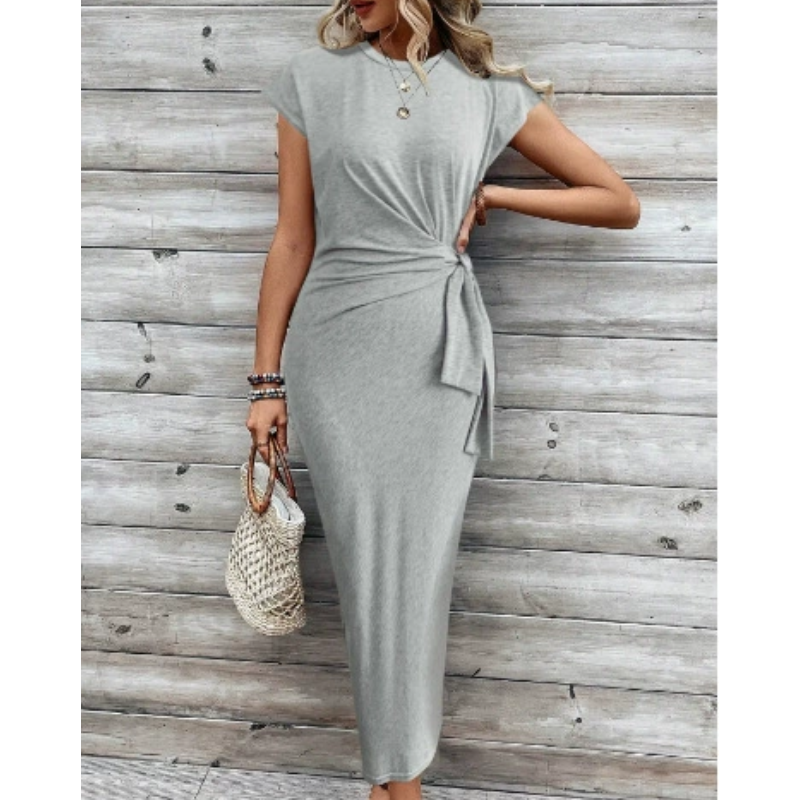Summer Slim-Fit Round Neck Short Sleeve Maxi Dress with Waist Tie