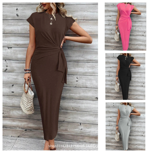 Summer Slim-Fit Round Neck Short Sleeve Maxi Dress with Waist Tie