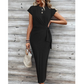 Summer Slim-Fit Round Neck Short Sleeve Maxi Dress with Waist Tie