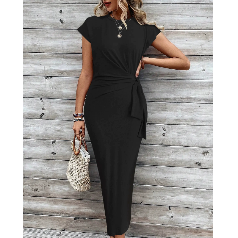 Summer Slim-Fit Round Neck Short Sleeve Maxi Dress with Waist Tie
