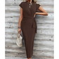 Summer Slim-Fit Round Neck Short Sleeve Maxi Dress with Waist Tie
