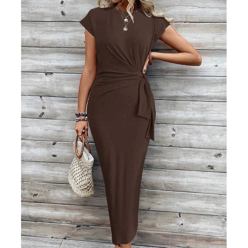 Summer Slim-Fit Round Neck Short Sleeve Maxi Dress with Waist Tie