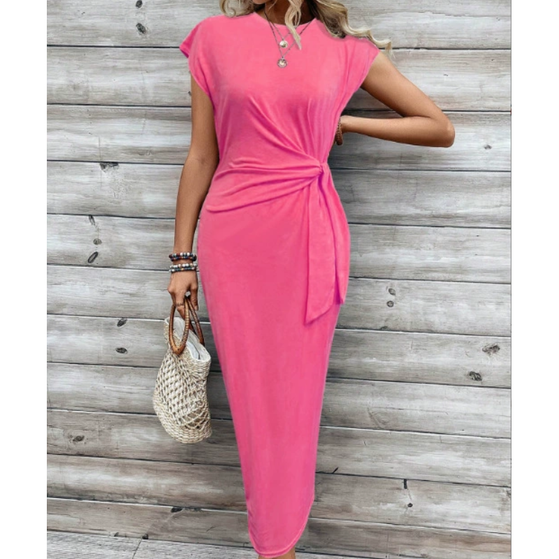 Summer Slim-Fit Round Neck Short Sleeve Maxi Dress with Waist Tie