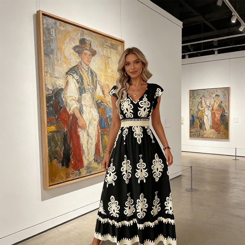 ⏳Limited-time 50% OFF⏰Women's V-Neck Baroque Print Flowy Maxi Dress👗