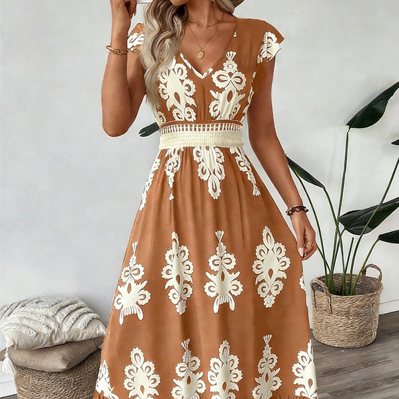 ⏳Limited-time 50% OFF⏰Women's V-Neck Baroque Print Flowy Maxi Dress👗