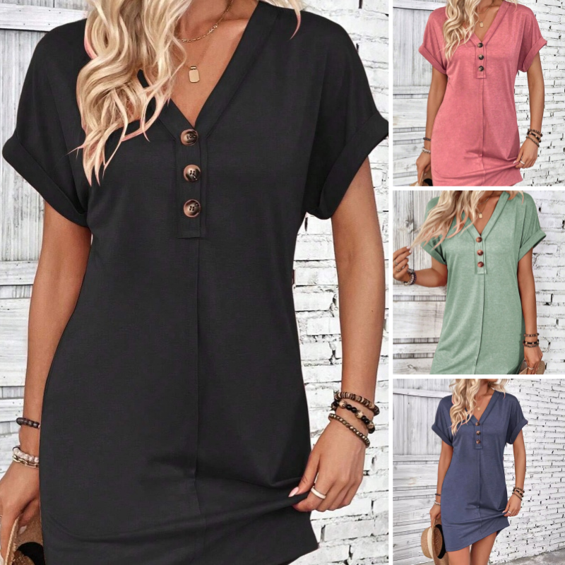 👗 50% OFF NOW! ⏰ Women's Fashion V-Neck Button Dress – Timeless Solid Colors, Soft Fabric & Rolled Sleeves – Flattering, breathable & perfect for work, brunch or summer days 🌸