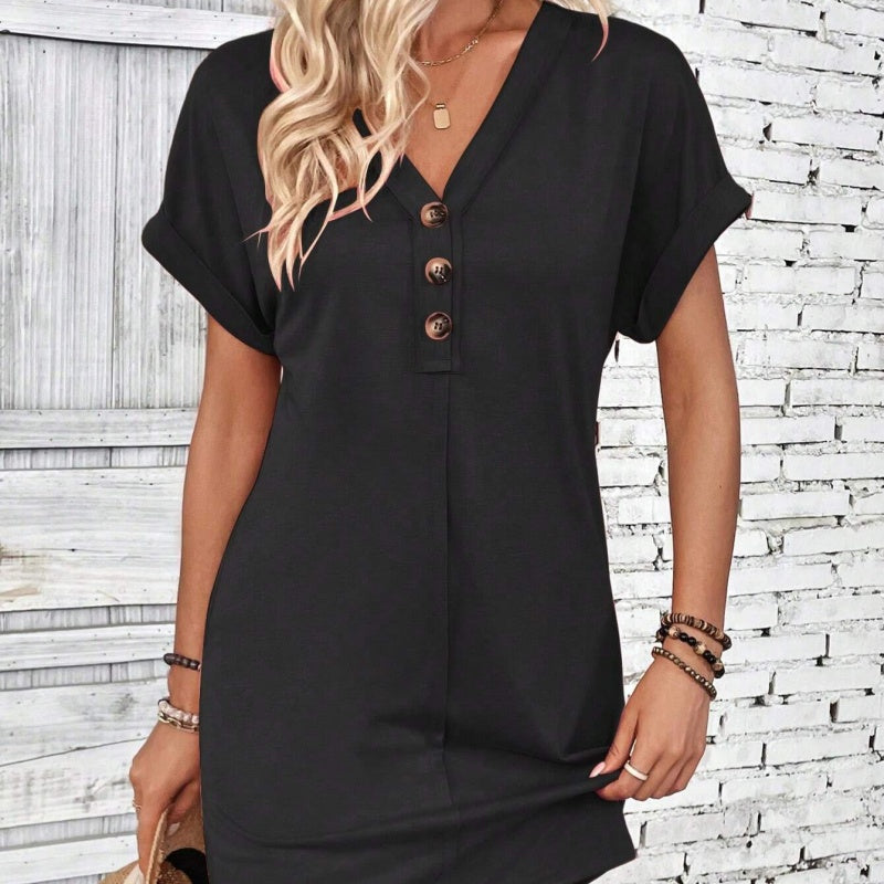 👗 50% OFF NOW! ⏰ Women's Fashion V-Neck Button Dress – Timeless Solid Colors, Soft Fabric & Rolled Sleeves – Flattering, breathable & perfect for work, brunch or summer days 🌸