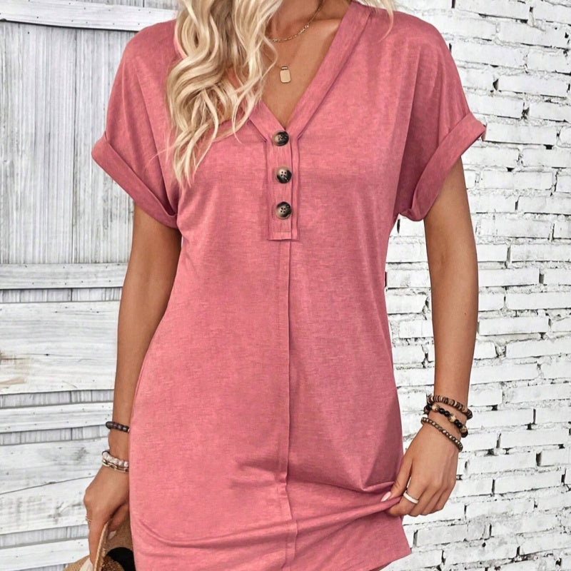 👗 50% OFF NOW! ⏰ Women's Fashion V-Neck Button Dress – Timeless Solid Colors, Soft Fabric & Rolled Sleeves – Flattering, breathable & perfect for work, brunch or summer days 🌸