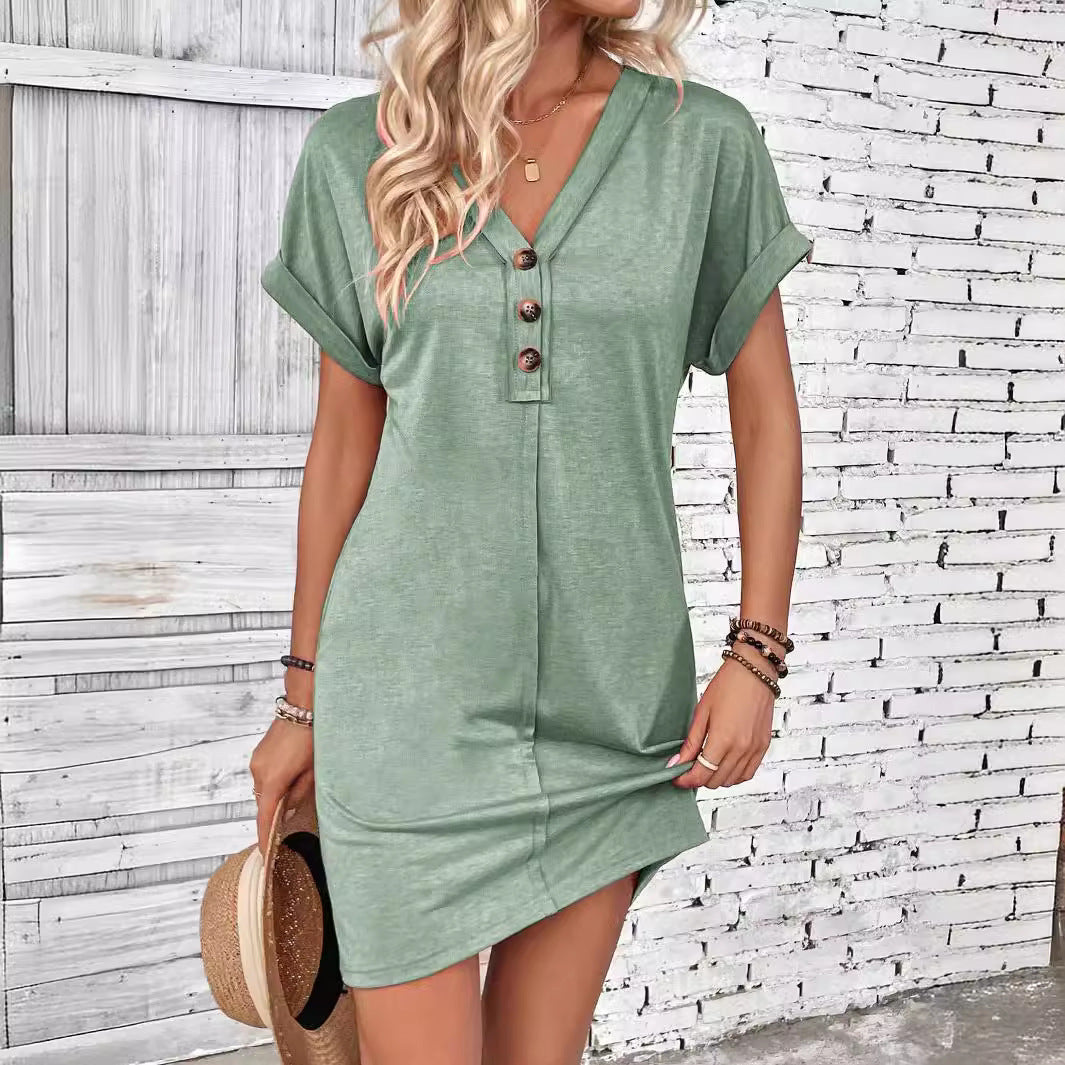 👗 50% OFF NOW! ⏰ Women's Fashion V-Neck Button Dress – Timeless Solid Colors, Soft Fabric & Rolled Sleeves – Flattering, breathable & perfect for work, brunch or summer days 🌸