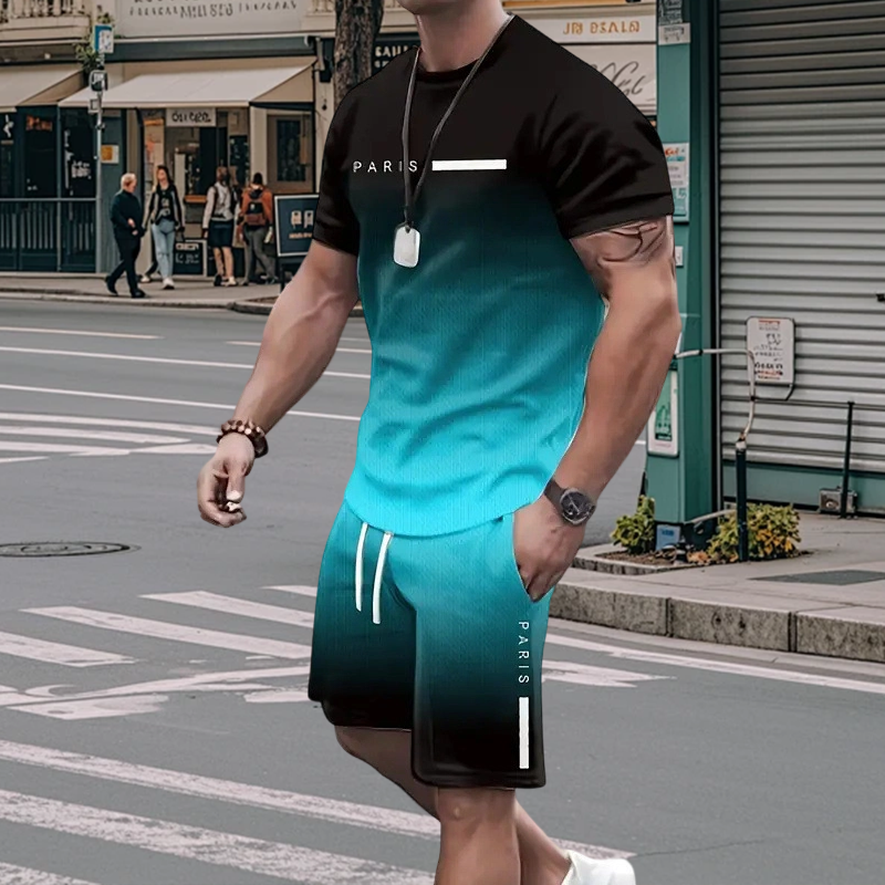 🏖️Summer Cool Deal:😎Men's Gradient Color T-Shirt & Shorts Set