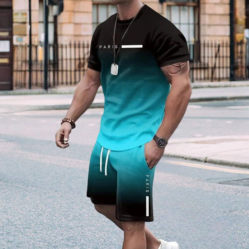 🏖️Summer Cool Deal:😎Men's Gradient Color T-Shirt & Shorts Set