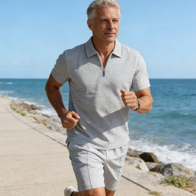 📢📢50% OFF !! ⏰ Summer Casual Zip-Neck Shirt & Shorts Set – Breathable, stylish & perfect for hot days – lightweight 2-piece comfort 🩳