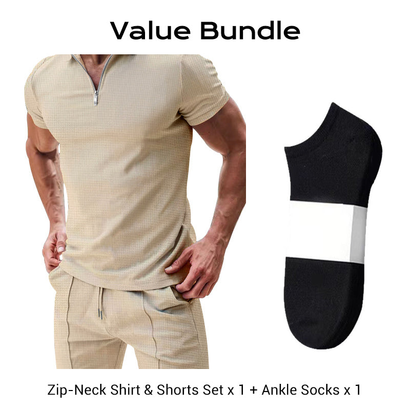 📢📢50% OFF !! ⏰ Summer Casual Zip-Neck Shirt & Shorts Set – Breathable, stylish & perfect for hot days – lightweight 2-piece comfort 🩳