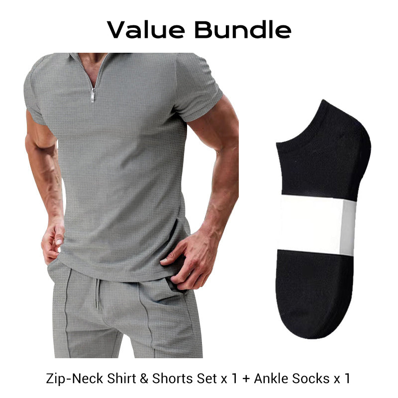 📢📢50% OFF !! ⏰ Summer Casual Zip-Neck Shirt & Shorts Set – Breathable, stylish & perfect for hot days – lightweight 2-piece comfort 🩳