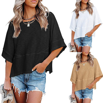 ☀️2026 HOT SALE 50% OFF💃🌸Women's Solid Color Splicing Loose Five Points Flare Sleeve T-Shirt