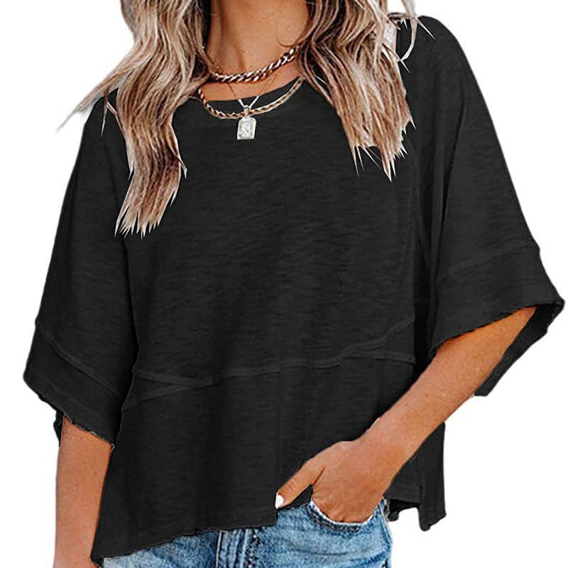 ☀️2026 HOT SALE 50% OFF💃🌸Women's Solid Color Splicing Loose Five Points Flare Sleeve T-Shirt