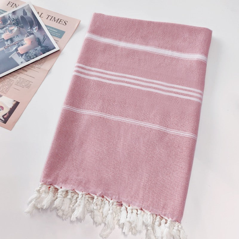 Cotton Blend Striped Tassel Beach Towel