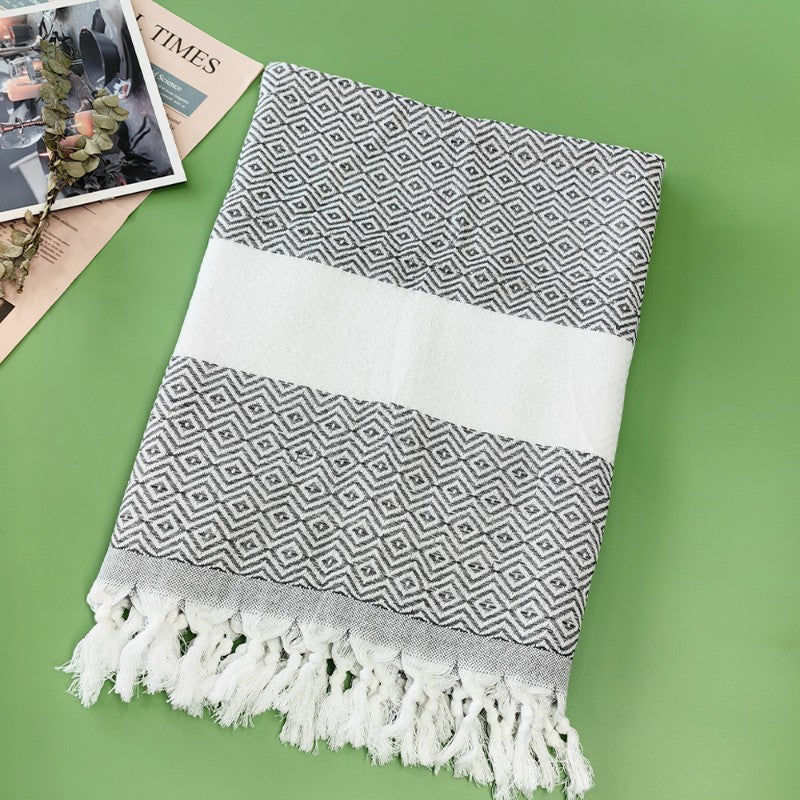 Cotton Blend Striped Tassel Beach Towel