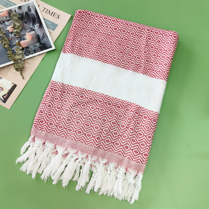 Cotton Blend Striped Tassel Beach Towel