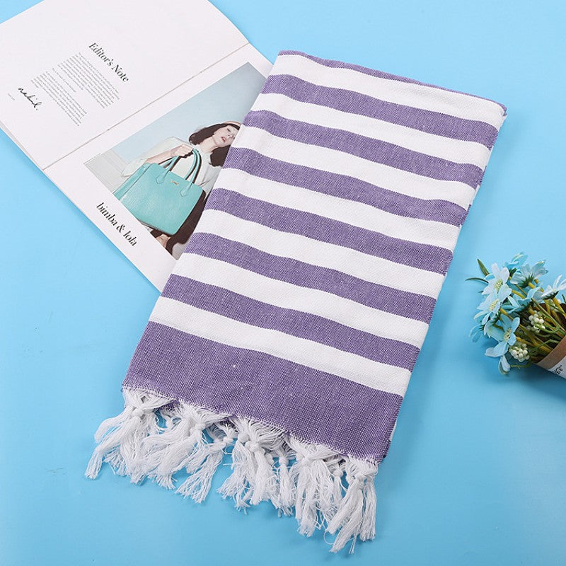 Cotton Blend Striped Tassel Beach Towel