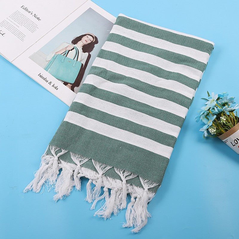 Cotton Blend Striped Tassel Beach Towel