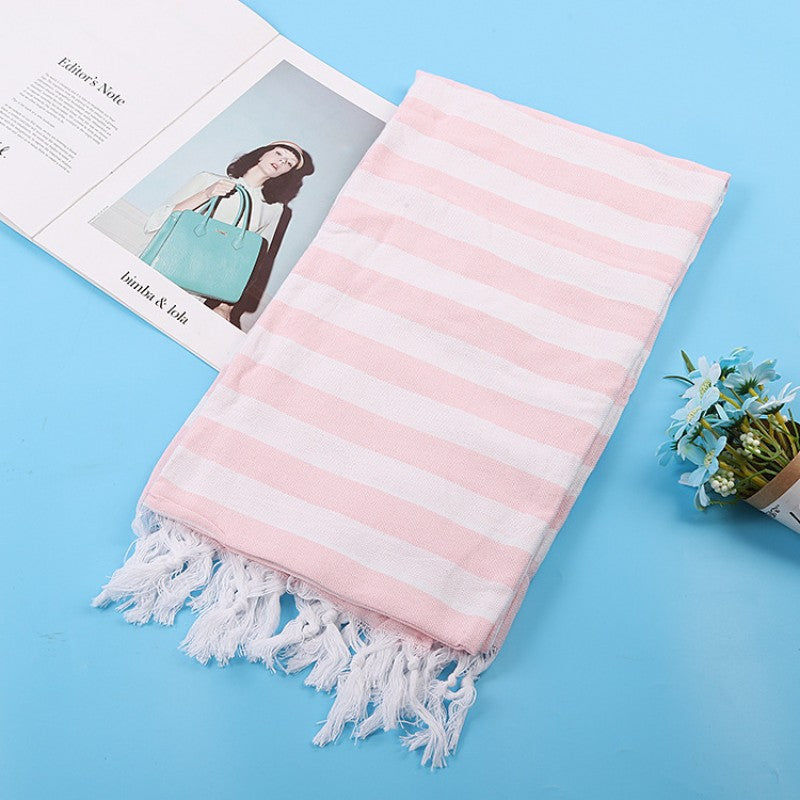 Cotton Blend Striped Tassel Beach Towel