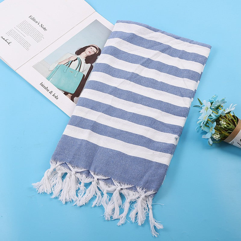 Cotton Blend Striped Tassel Beach Towel
