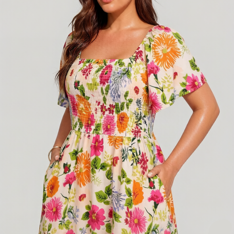 ⏰Summer Hot Sale 70% OFF💃Floral Smocked Square Neck Midi Dress with Pockets