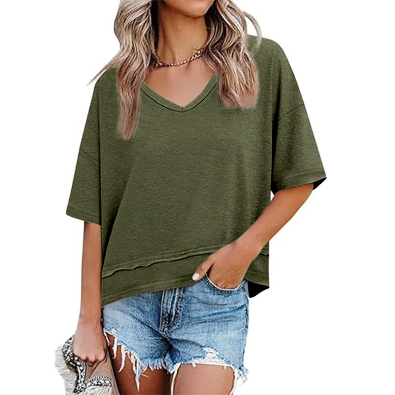 🏖️Summer Cool Deal: ONLY ￡12.99!💃Women's Half Sleeve V-Neck Top with Patchwork Hem