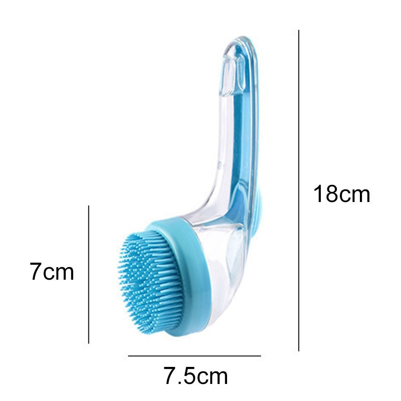 Pet bath brush with a long handle and shampoo dispenser