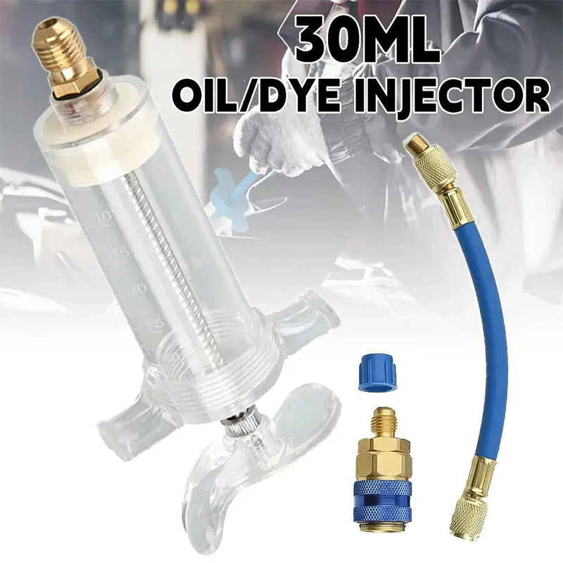 🔧 LIMITED-TIME 50% OFF! 💥Precision AC Oil Dye Injector – Brass Construction, High Pressure Hose, Clear Barrel