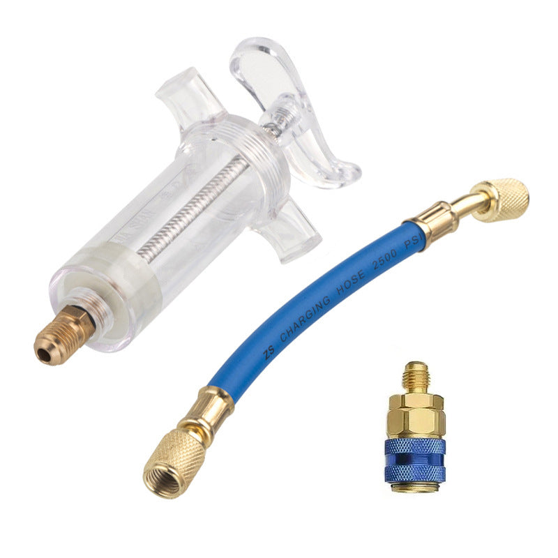 🔧 LIMITED-TIME 50% OFF! 💥Precision AC Oil Dye Injector – Brass Construction, High Pressure Hose, Clear Barrel