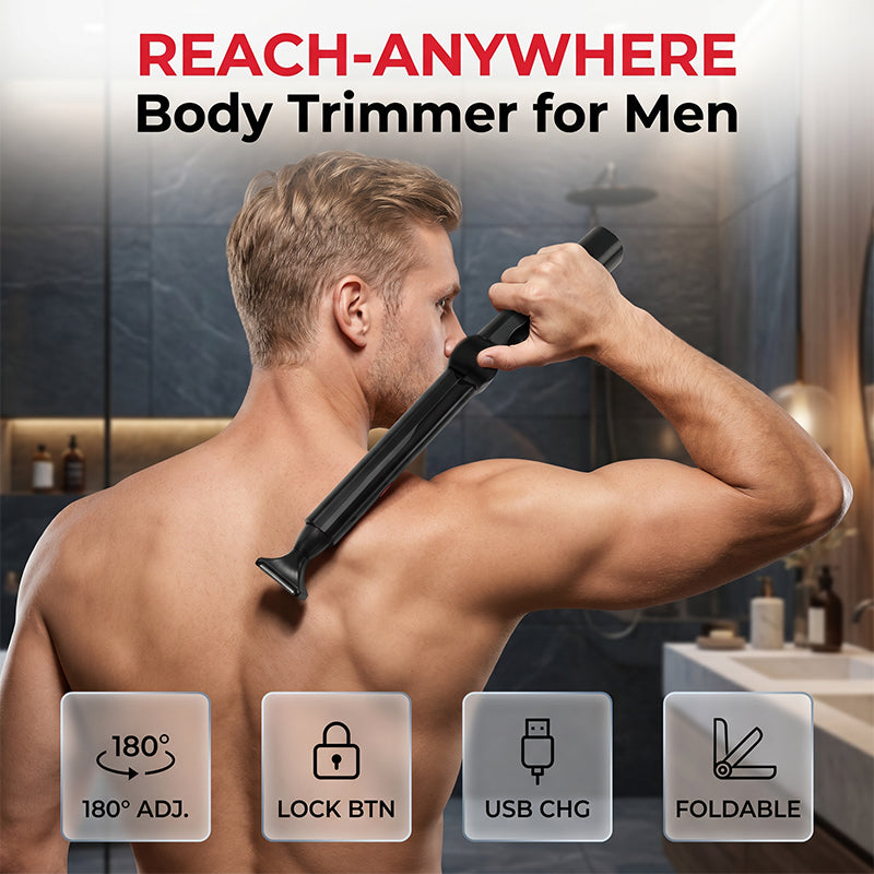 🔥50% OFF!!📢🪒 Reach-Anywhere Body Trimmer – Extendable Handle & Precision Heads, Trim Your Back, Chest & Legs Yourself Without Needing a Helping Hand 🧔✨