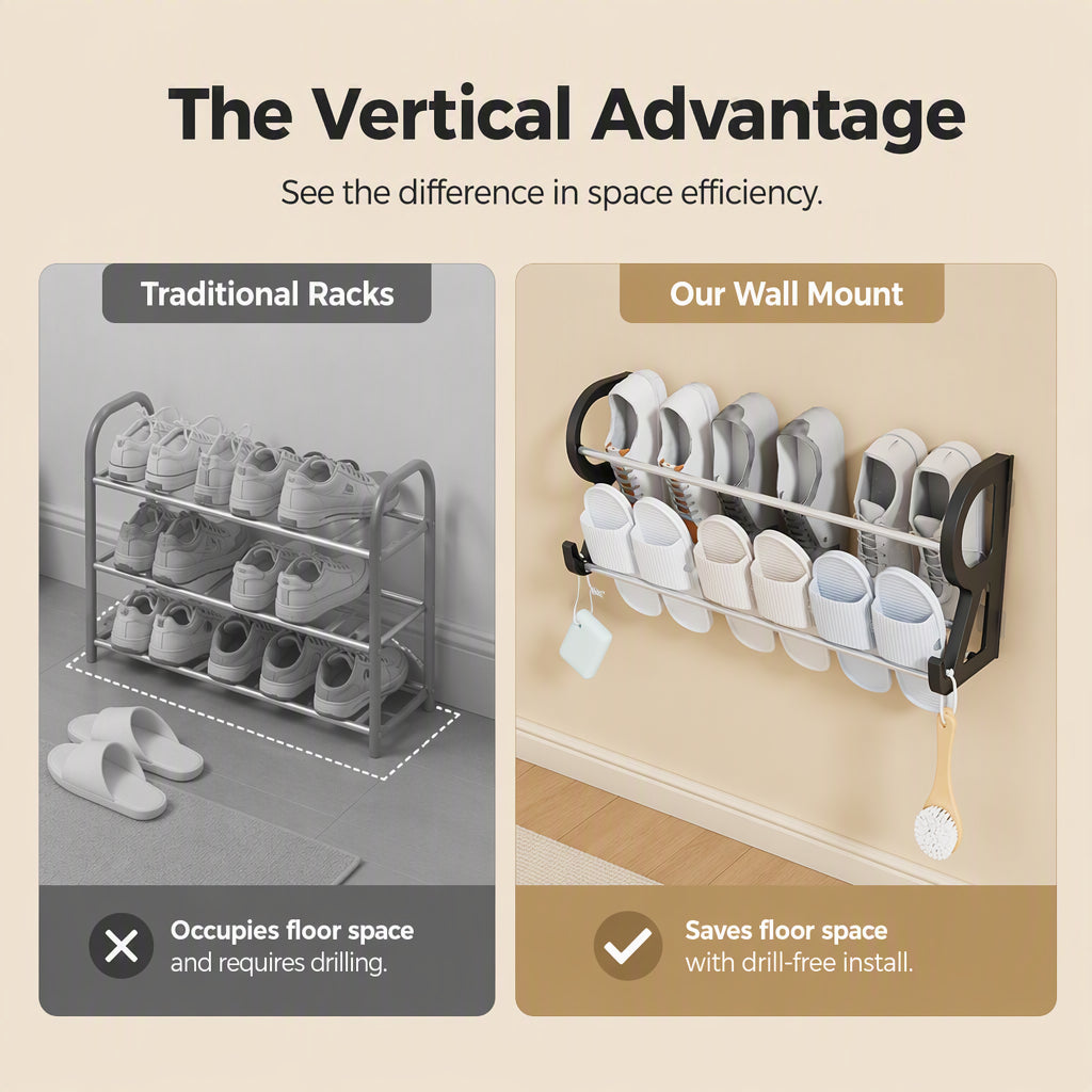 👟50% OFF NOW! Drill‑Free Wall‑Mounted Shoe Rack‑Vertical Space‑Saver Carbon Steel Shoe Organizer, Anti‑Rust No‑Drill Storage Rack for Entryway Bathroom & Closet