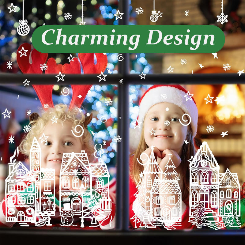 🎄50% OFF NOW! Christmas Village Window Cling Set‑ White Xmas Town Scene Static Window Decals, Snowflake House Reusable Stickers for Holiday Glass Decor, Home & Shop Christmas Ornaments