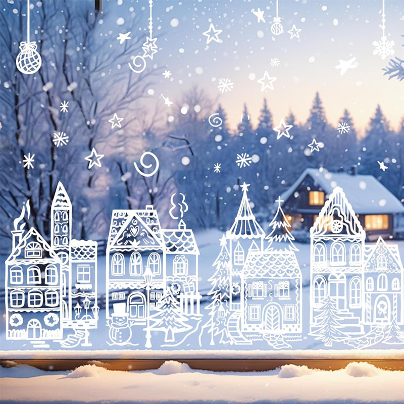 🎄50% OFF NOW! Christmas Village Window Cling Set‑ White Xmas Town Scene Static Window Decals, Snowflake House Reusable Stickers for Holiday Glass Decor, Home & Shop Christmas Ornaments