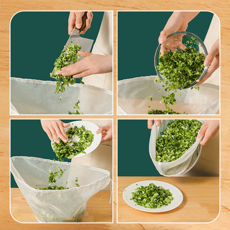 🥬50% OFF NOW! No-Mess Fine Mesh Nylon Strain Bag – Reusable Food Filter Bag for Squeezing Vegetable Water, Straining Juice, Nut Milk & Dumpling Filling, Drawstring Food Strainer Bag for Kitchen