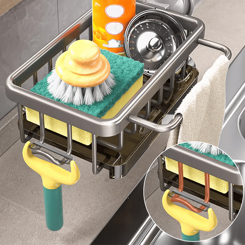 🧽🚰Faucet‑Mounted Sink‑Sponge‑Holder | Tool‑Free Install, Removable‑Drip‑Tray & Side‑Hook🏠