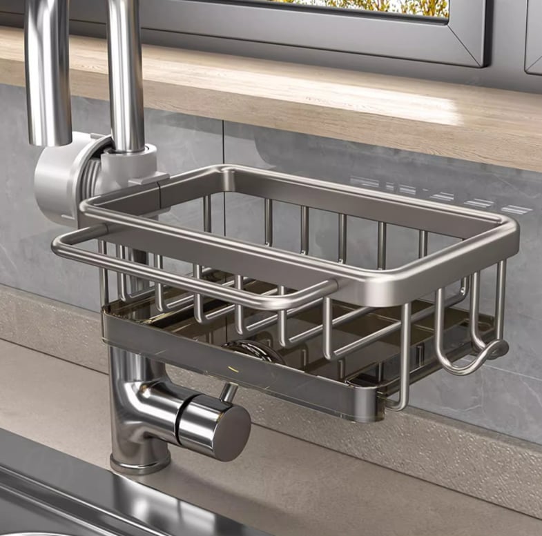 🧽🚰Faucet‑Mounted Sink‑Sponge‑Holder | Tool‑Free Install, Removable‑Drip‑Tray & Side‑Hook🏠