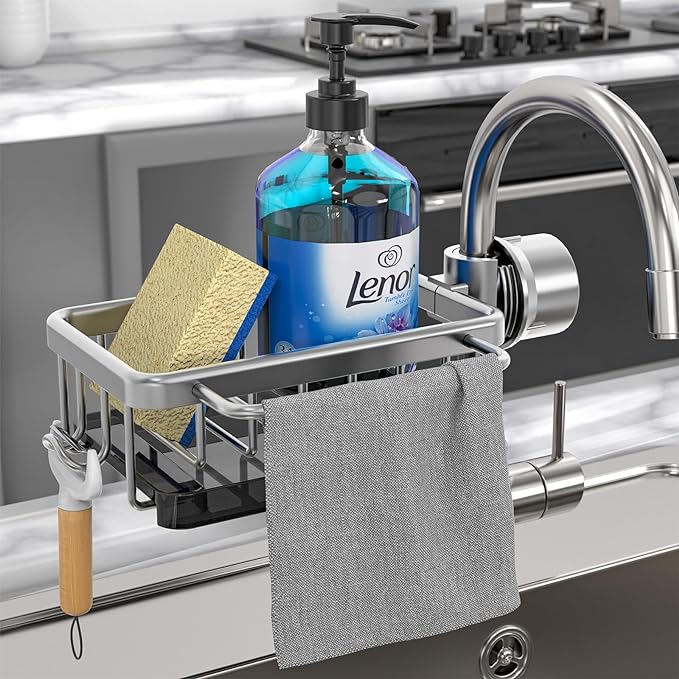 🧽🚰Faucet‑Mounted Sink‑Sponge‑Holder | Tool‑Free Install, Removable‑Drip‑Tray & Side‑Hook🏠