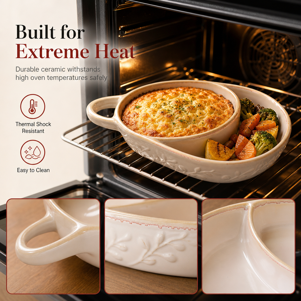 🍽️ LIMITED-TIME 50% OFF! ✨ Retro Ceramic Divided Baking Dish – Vintage Style, Heat Safe, Easy Carry 🥣
