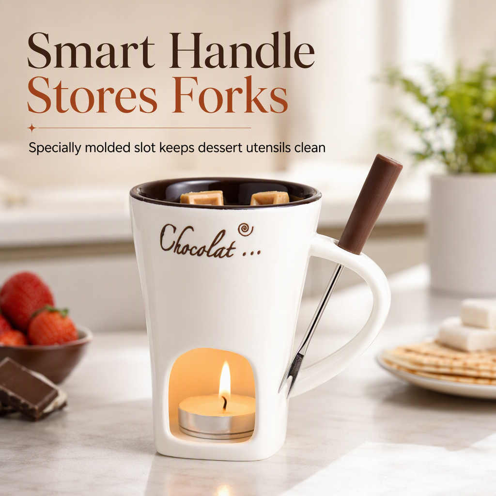 Ceramic Chocolate and Cheese Fondue Melter Mug with Fork