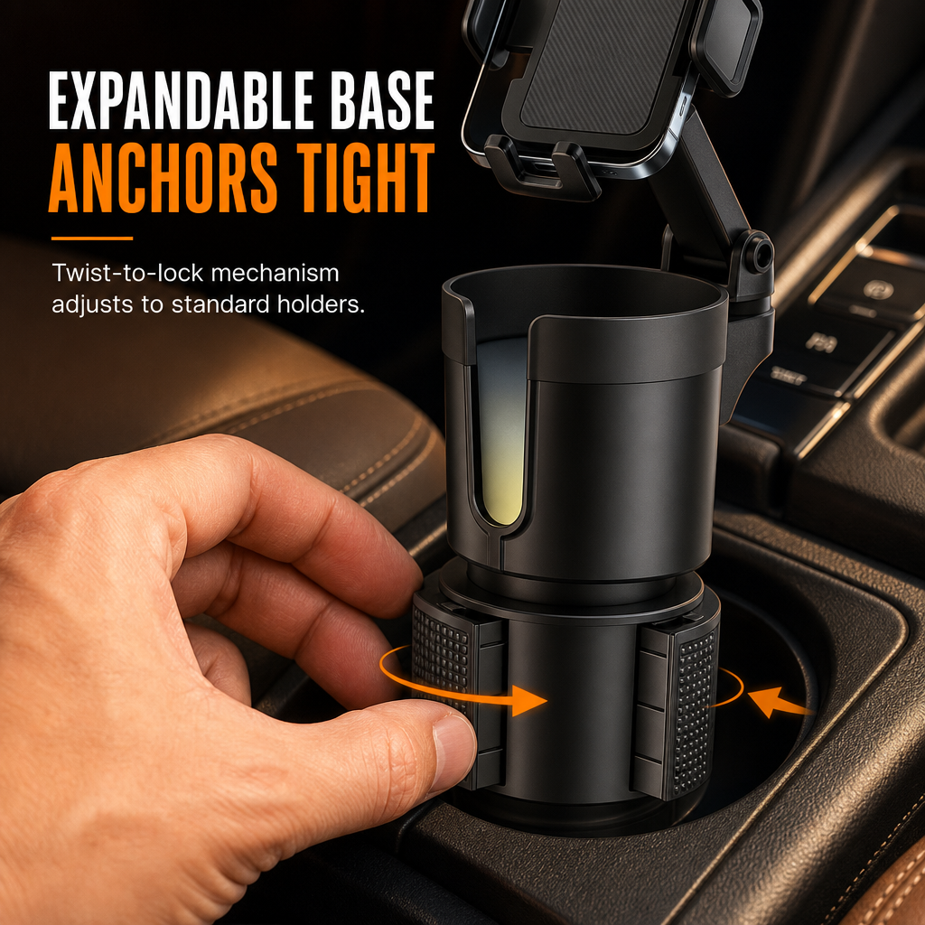 2 in 1 Car Cup Holder and Phone Mount Multifunctional Center Console Beverage Bottle Holder and Mobile Phone Navigation Stand
