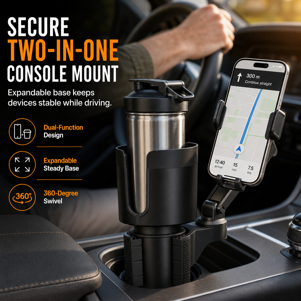 2 in 1 Car Cup Holder and Phone Mount Multifunctional Center Console Beverage Bottle Holder and Mobile Phone Navigation Stand